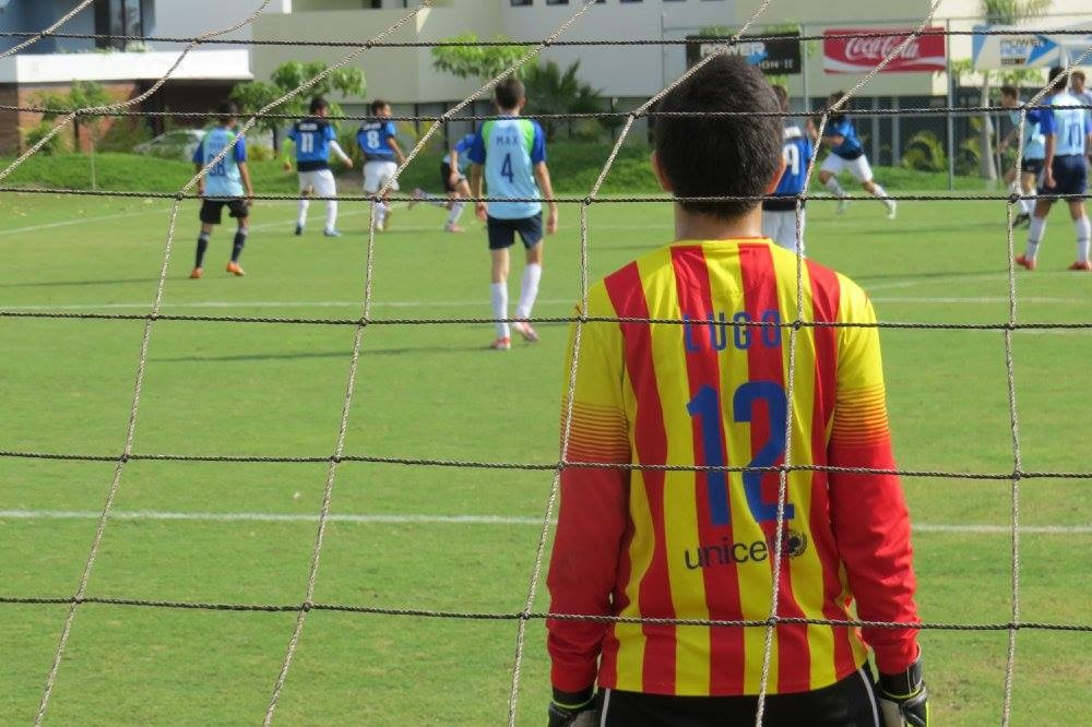 Playing soccer